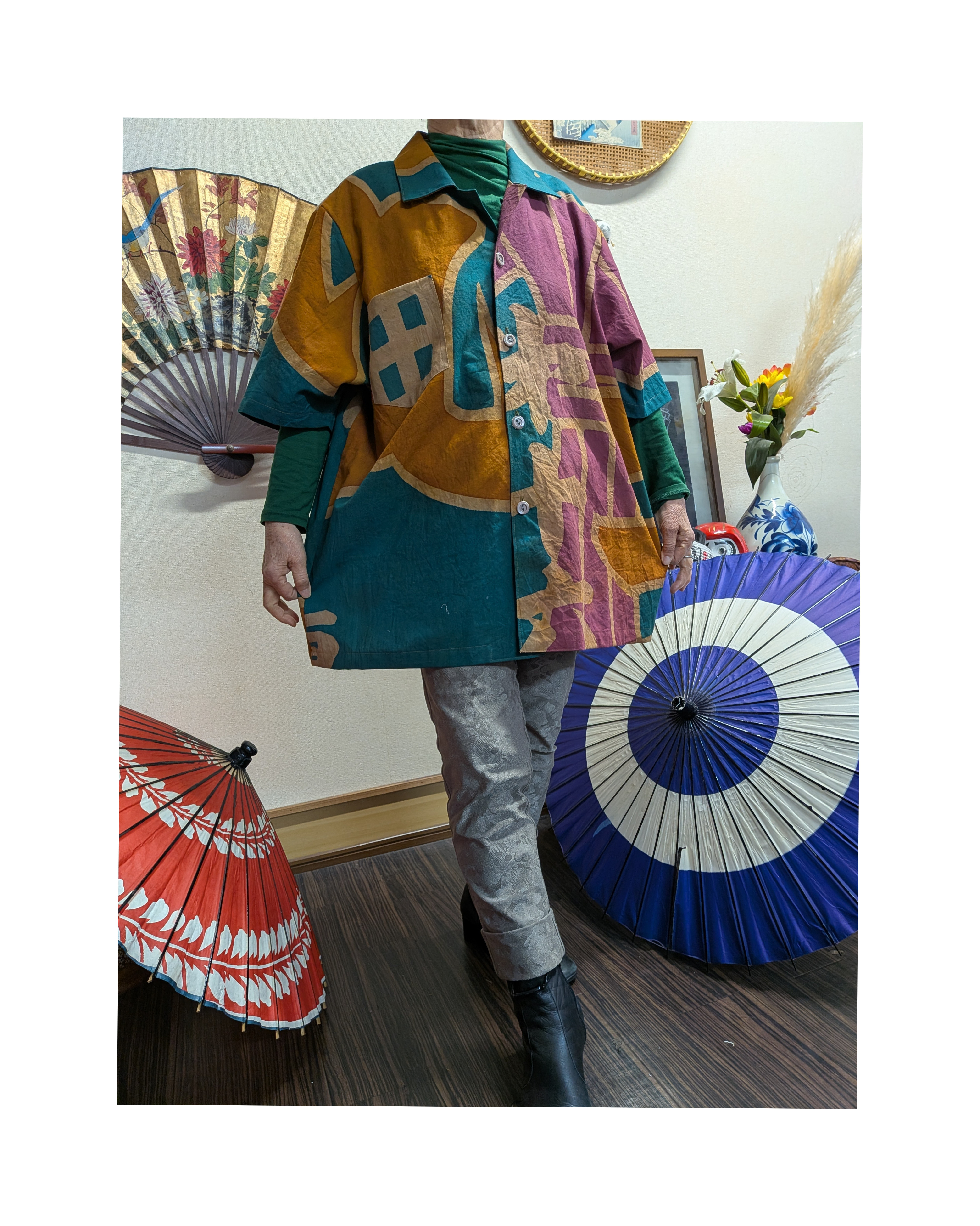 大漁旗の柿渋染め前開きアロハシャツ　　　古布リメイク