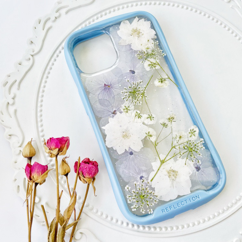 iFace風押し花スマホケース、紫陽花（あじさい）、iPhone全機種対応、手帳型、iPhone17、iPhoneAir