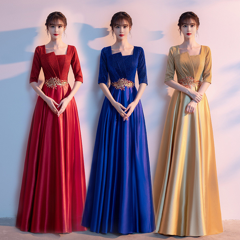 高級感 青 赤 ゴールド 五分袖 パーティードレス シンプル 優雅 韓国風 大合唱 演奏会 誕生日 前撮り HL833