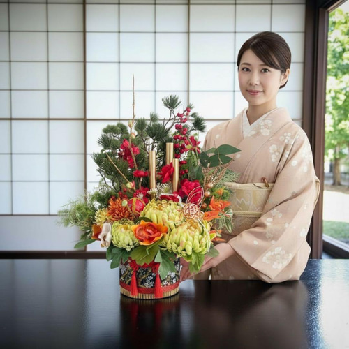 ⑮ 和モダン門松 M｜可憐な花々と竹が奏でる、モカアンドマルシェの