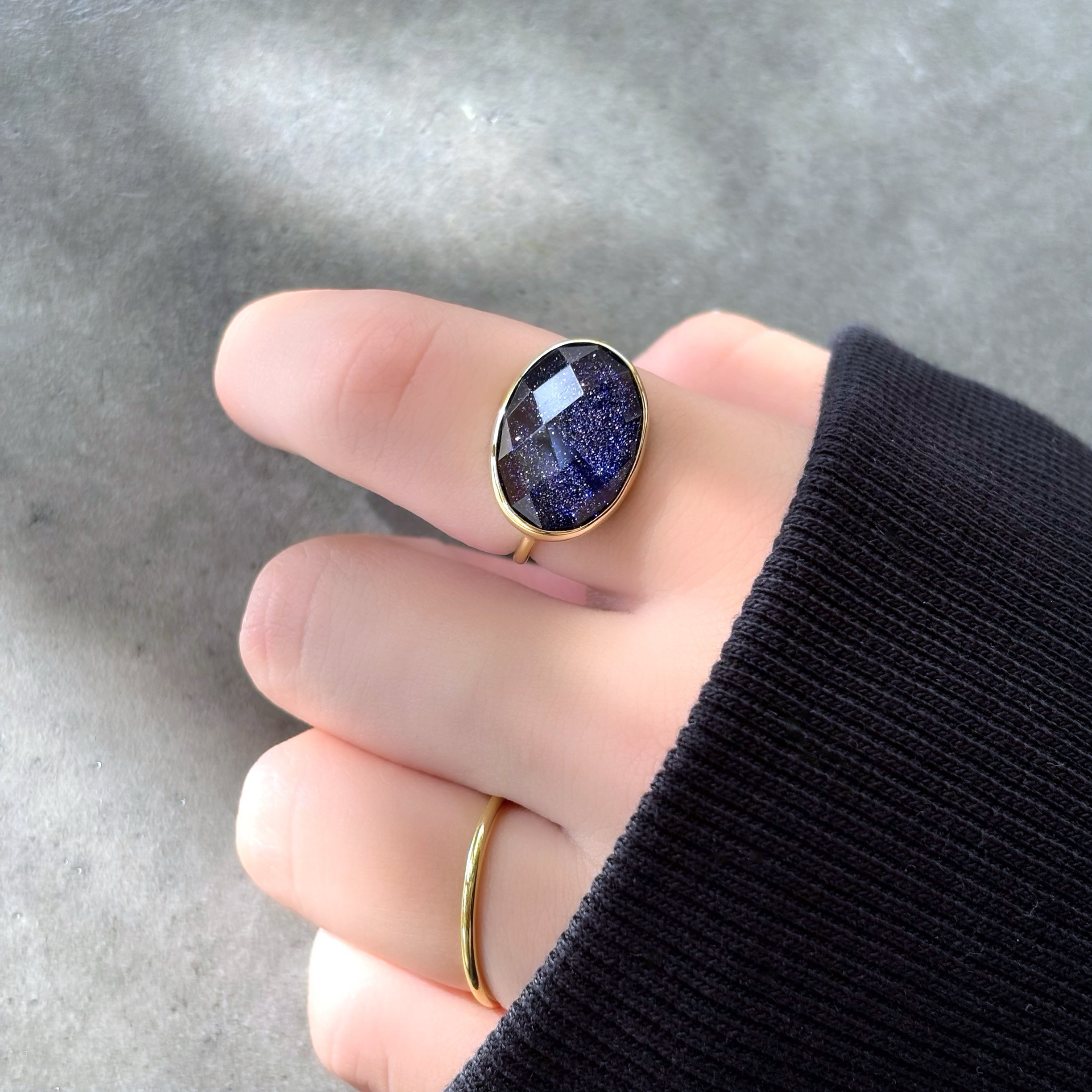 【受注制作】大きな星空のブルーゴールドストーン×クリスタルのダブレットストーンリング（真鍮・silver950）