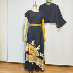 ★黒留袖アンサンブル*フレンチワンピ+ボレロ*着物リメイク正絹*作家*L〜2L㉝ 黒留袖アンサンブル*フレンチワンピース裏付き+ボレロ*リボン*着物
