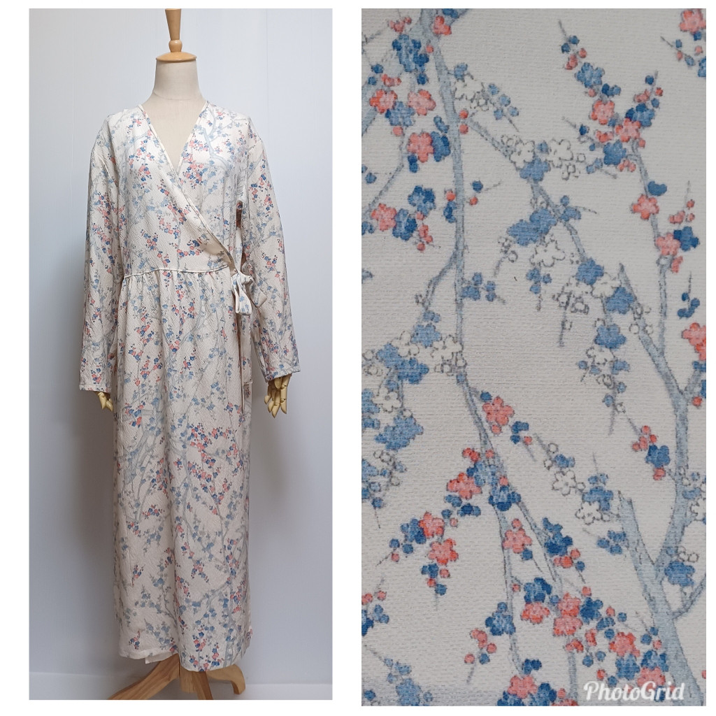 着物リメイク　L　象牙色地×花柄　カシュクールワンピース