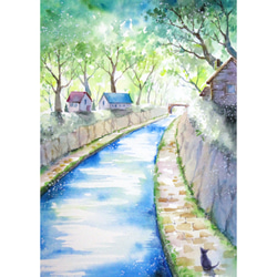 原画】庭園の風景（水彩画/額無し）☆送料無料 風景画 新緑 絵画