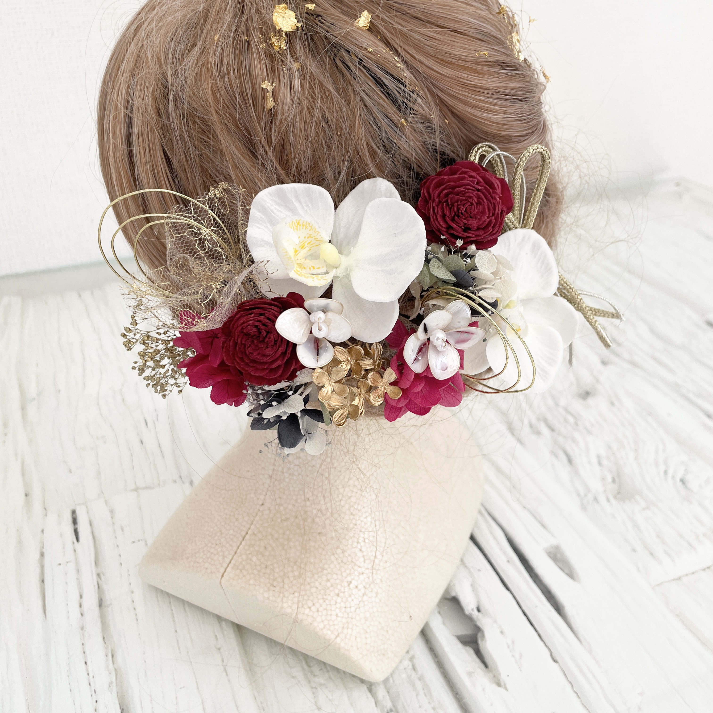 和装髪飾り　ヘッドドレス　水引×金箔　ゴールド　ベージュ　えんじ　胡蝶蘭