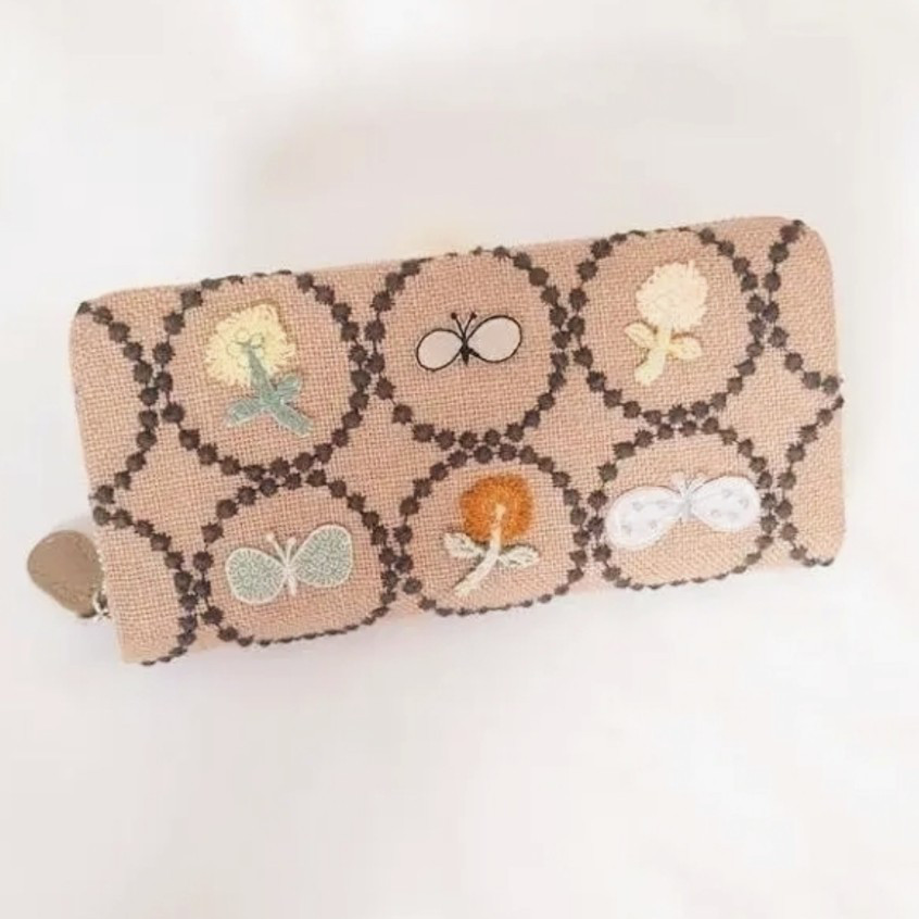 【受注製作】刺繍７つ・タンバリン ベージュ×チャコール 本革長財布 ミナペルホネン