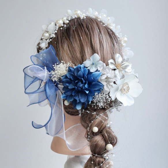 A121 ホワイトパールカチューシャ ドライフラワー 髪飾り ダリア 青