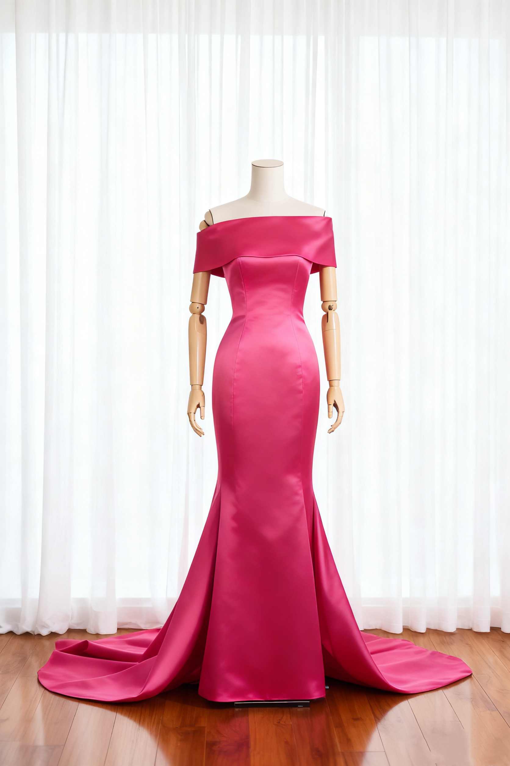 送料無料！パーティードレス ビビッドピンク  オフショルダー マーメイドライン 光沢サテン トレーン 優雅なシルエット