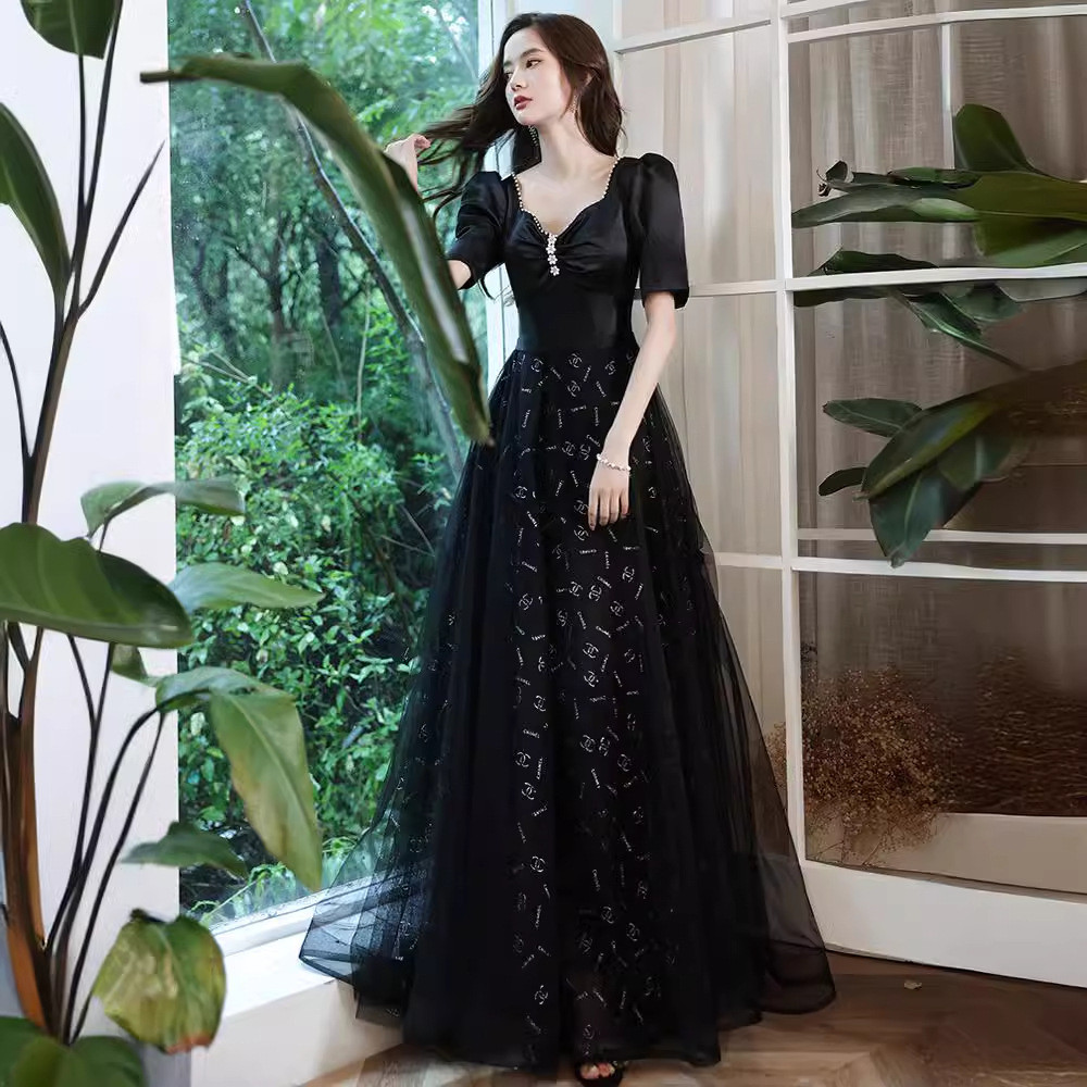 高級感 黒 半袖 パーティードレス シンプル プリンセス 韓国風 花嫁 演奏会 誕生日 前撮り HL843