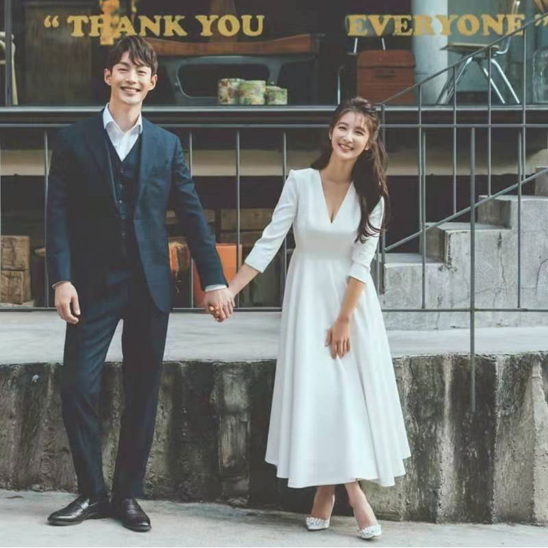 高級感 白 黒 七分袖 Vネック パーティードレス シンプル 韓国風 花嫁 演奏会 誕生日 前撮り HL847