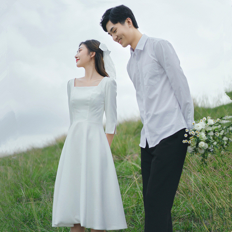 高級感 白 黒 サテン 七分袖 パーティードレス シンプル 韓国風 花嫁 演奏会 誕生日 前撮り HL848