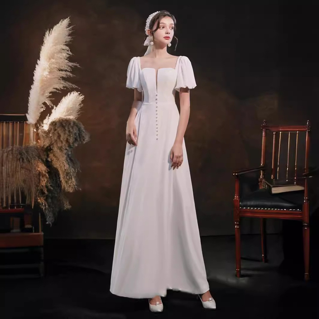 高級感 白 黒 半袖 パーティードレス シンプル 韓国風 花嫁 演奏会 誕生日 前撮り HL849