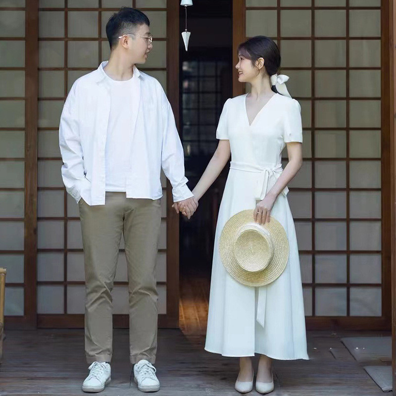 高級感 白 黒 半袖 Vネック パーティードレス シンプル 韓国風 結婚式 演奏会 誕生日 前撮り HL851