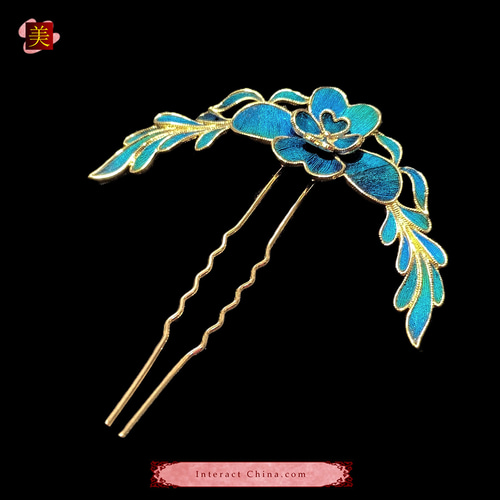 中国無形文化遺産 点翠半月簪 100% 手作り クジャク羽毛＋銅メッキ 18K