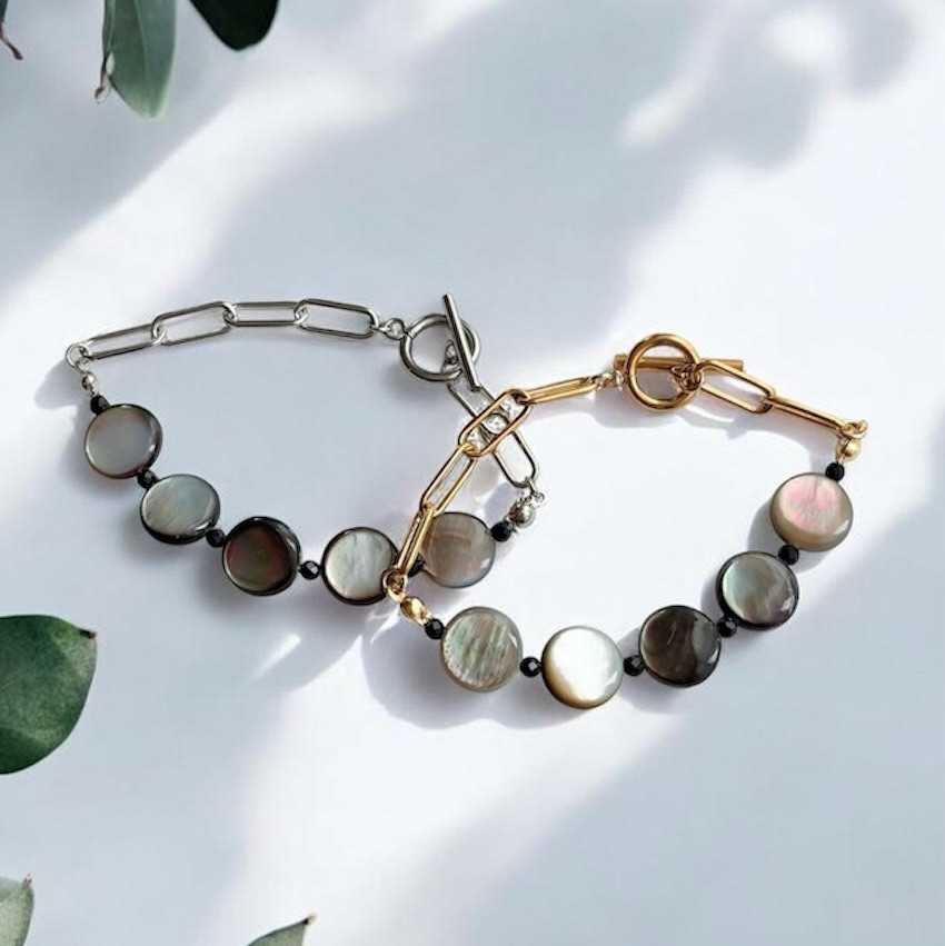 AAA黒蝶貝×ブラックオニキスの天然石 マンテルブレスレット / サージカルステンレス使用