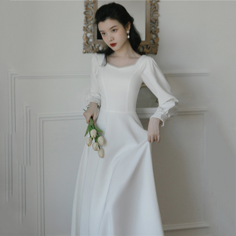 高級感 白 長袖 パーティードレス シンプル プリンセス 韓国風 花嫁 成人式 演奏会 誕生日 前撮り HL857