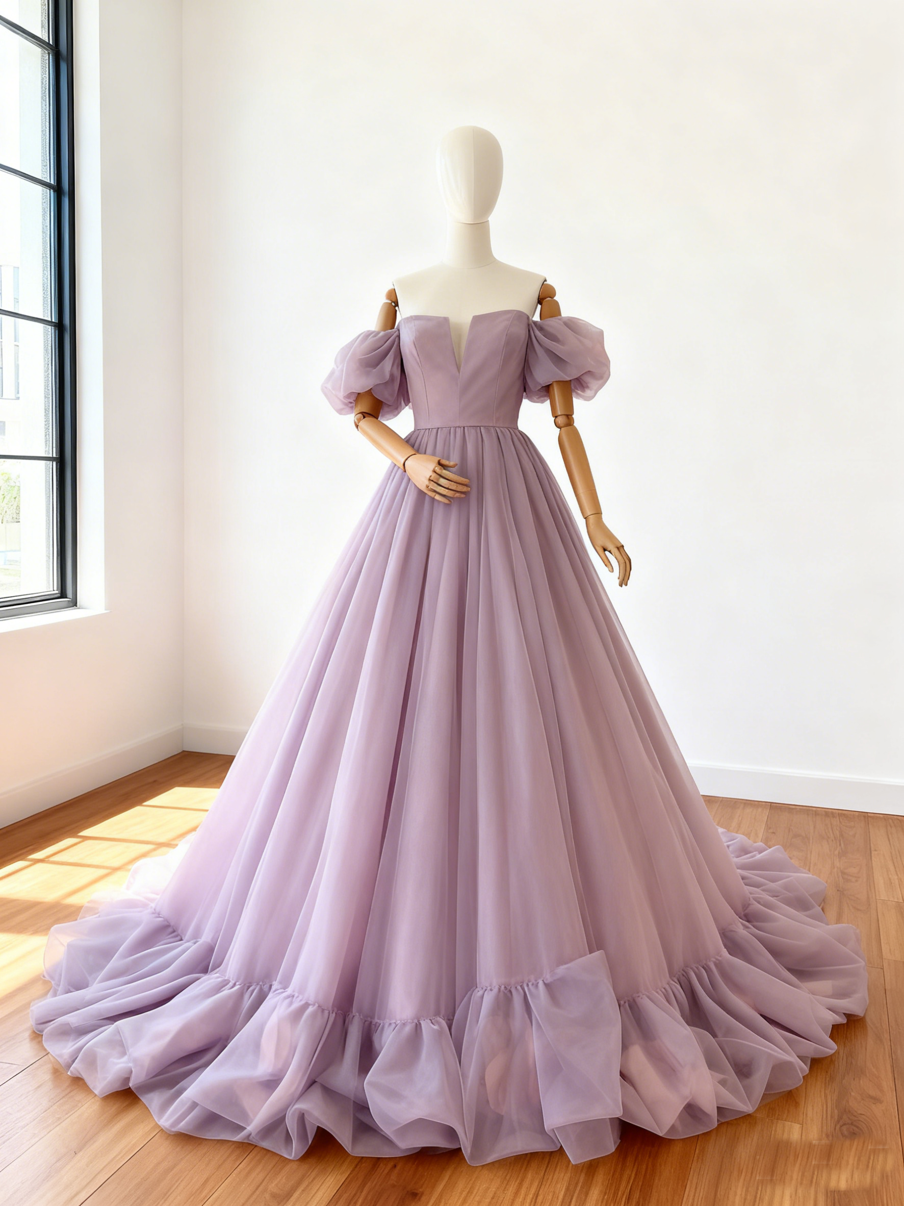 カラードレス オーキッド 取り外し可能な付け袖 フリルトレーン  Vネックドレス   花嫁 前撮り