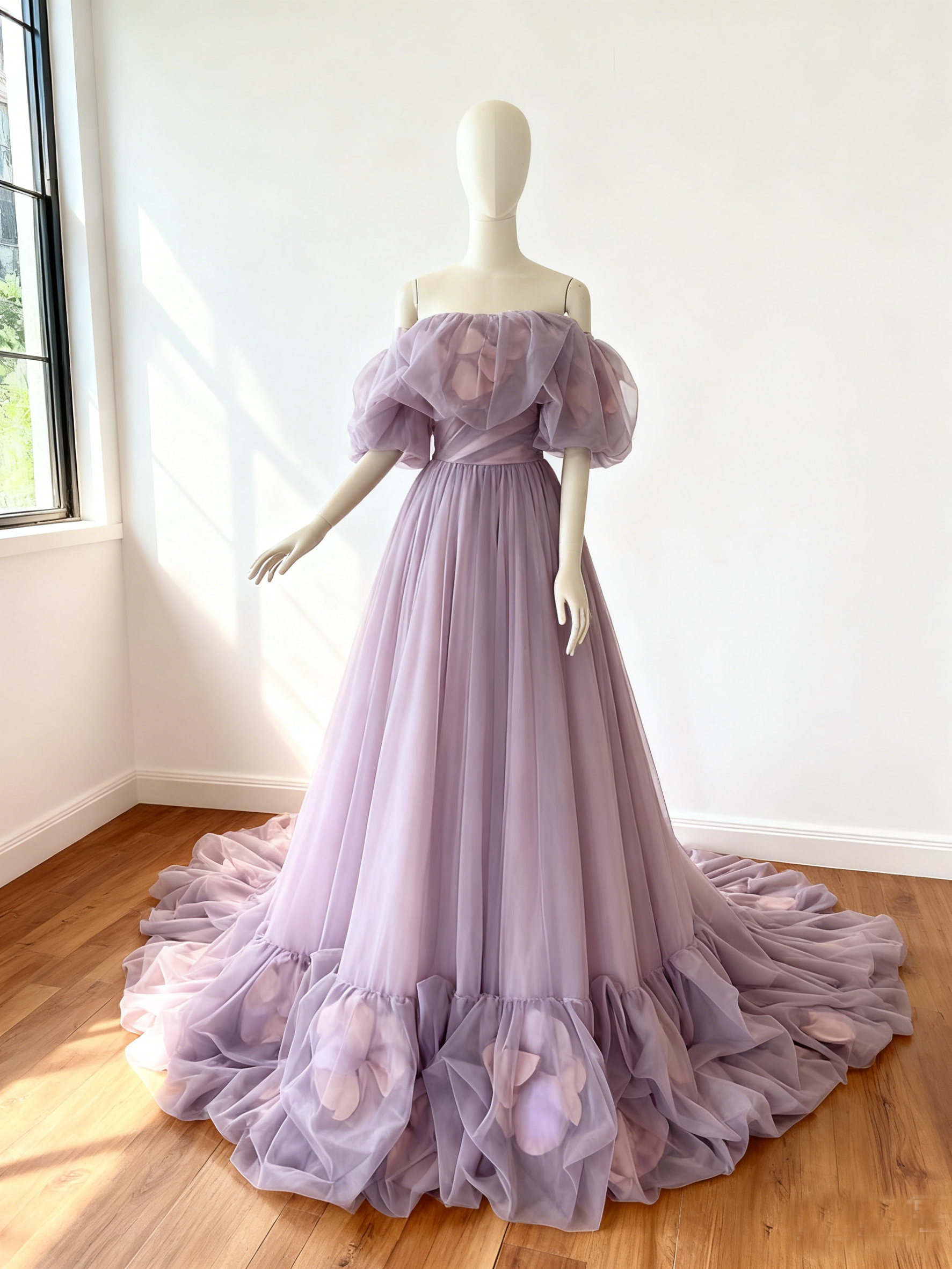 カラードレス オーキッド 取り外し可能なオフショルダー フリルトレーン  花嫁 前撮り