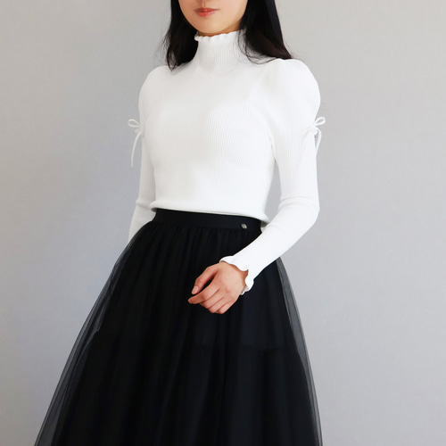 美シルエットニット！】ホールガーメント リボン付き パフショルダー