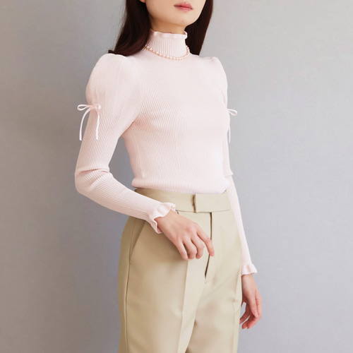 美シルエットニット！】ホールガーメント リボン付き パフショルダー