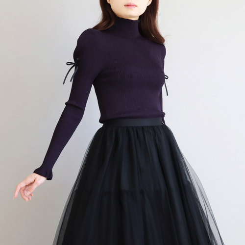 美シルエットニット！】ホールガーメント リボン付き パフショルダー