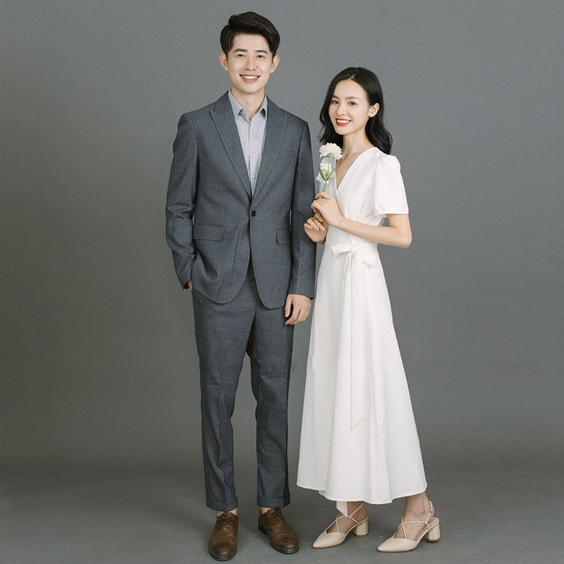 高級感 白 黒 半袖 Vネック パーティードレス シンプル 韓国風 結婚式 演奏会 誕生日 前撮り HL859