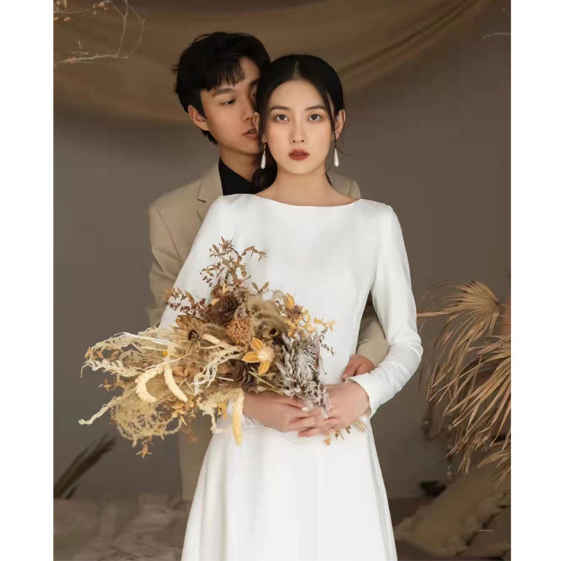 高級感 白 黒 サテン 長袖 パーティードレス シンプル 韓国風 結婚式 演奏会 誕生日 前撮り HL861