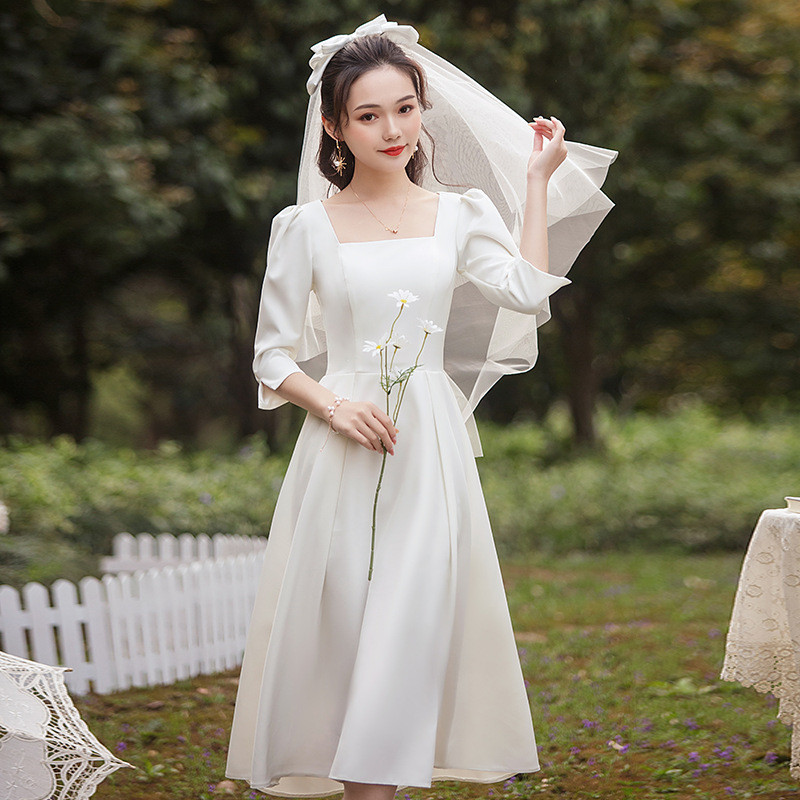 高級感 白 黒 サテン 七分袖 ウェディングドレス シンプル 韓国風 結婚式 演奏会 誕生日 前撮り HL862