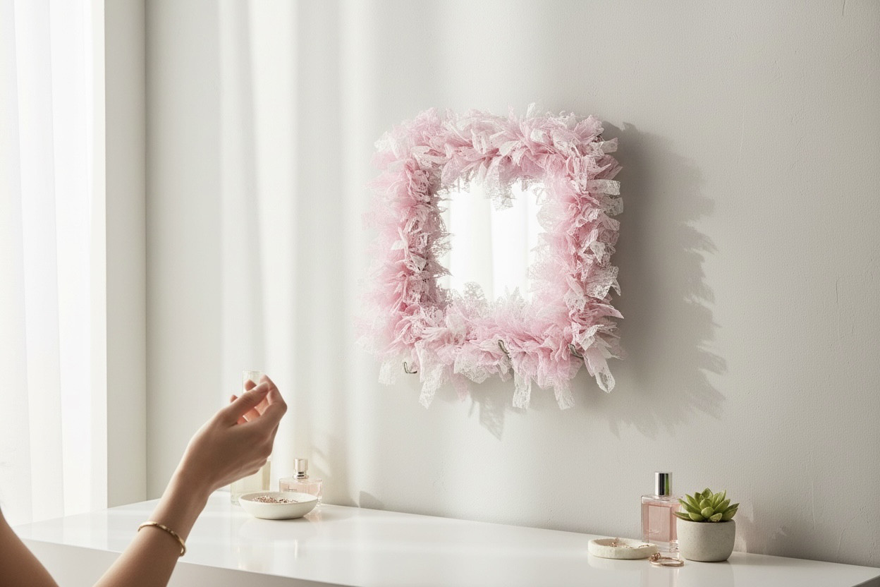 ライトピンクのデザイナーズミラー 30cm｜世界にたったひとつ｜鏡｜ふわふわ|リボン