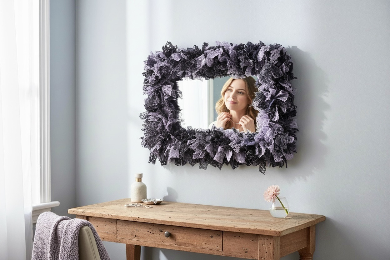 パープル×グレーのデザイナーズミラー ｜世界にたったひとつ｜鏡｜ふわふわ|リボン