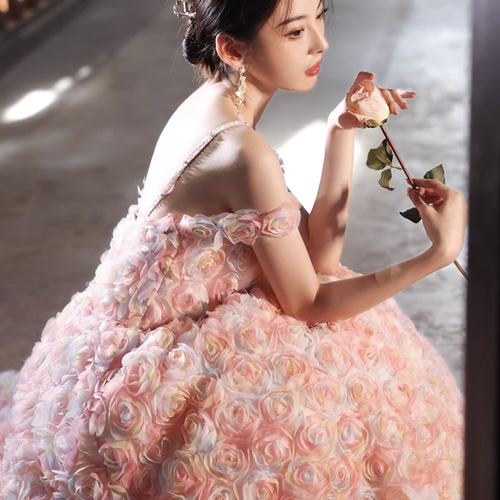 綺麗 ピンク 薔薇バラ パーティードレス 裾引き プリンセス 誕生日