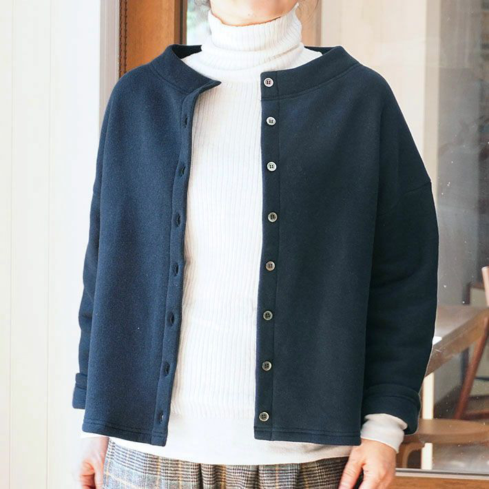 もこもこ暖かい　綿リヨセル裏毛　ネイビー　ジャケット