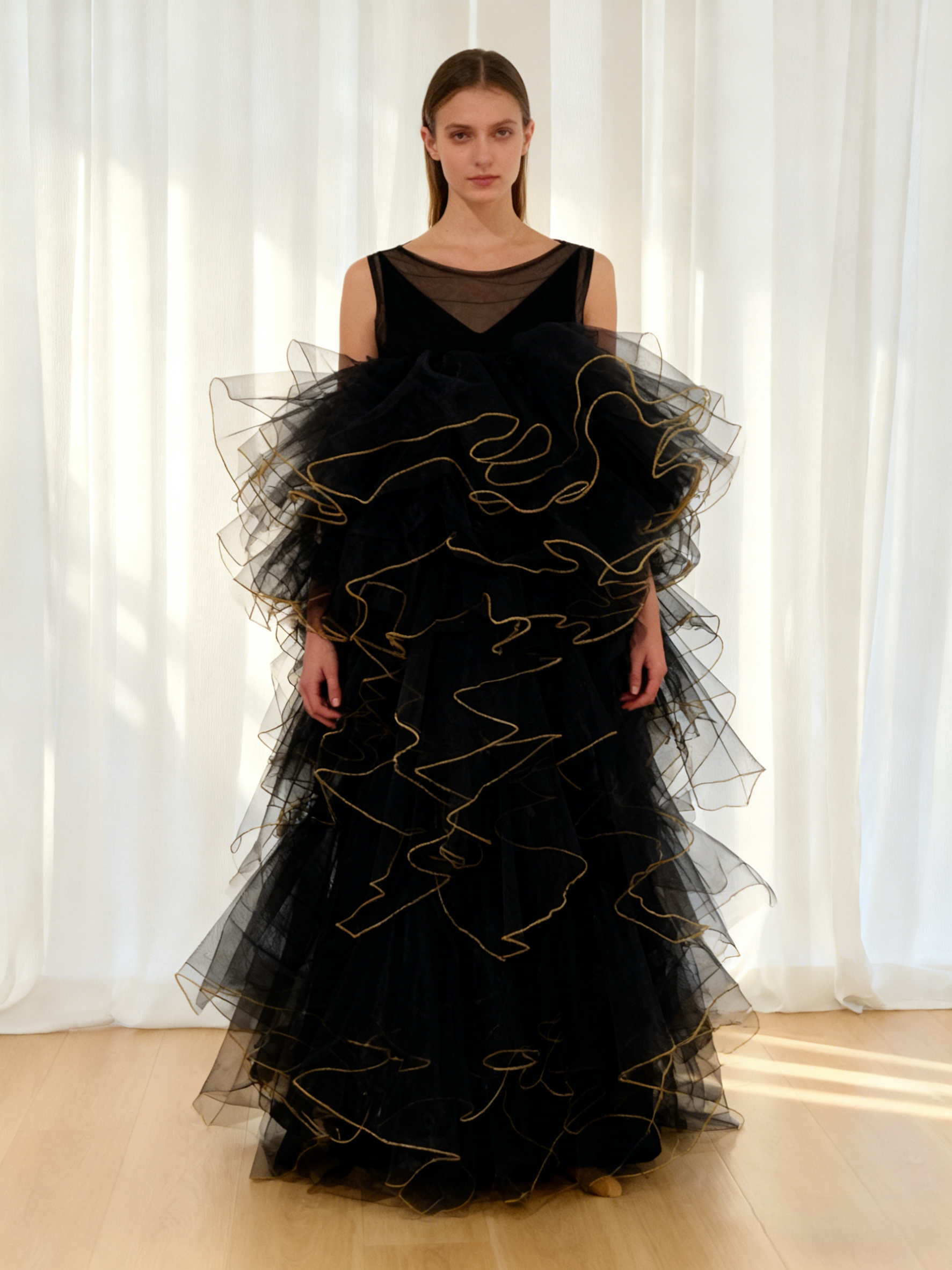 パーティードレス ブラック キャミソール+オーバードレス ラッフルフリル 演奏会/音楽会