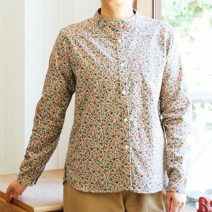 コーデュロイ草花プリント　ピンク　スタンドカラーシャツ