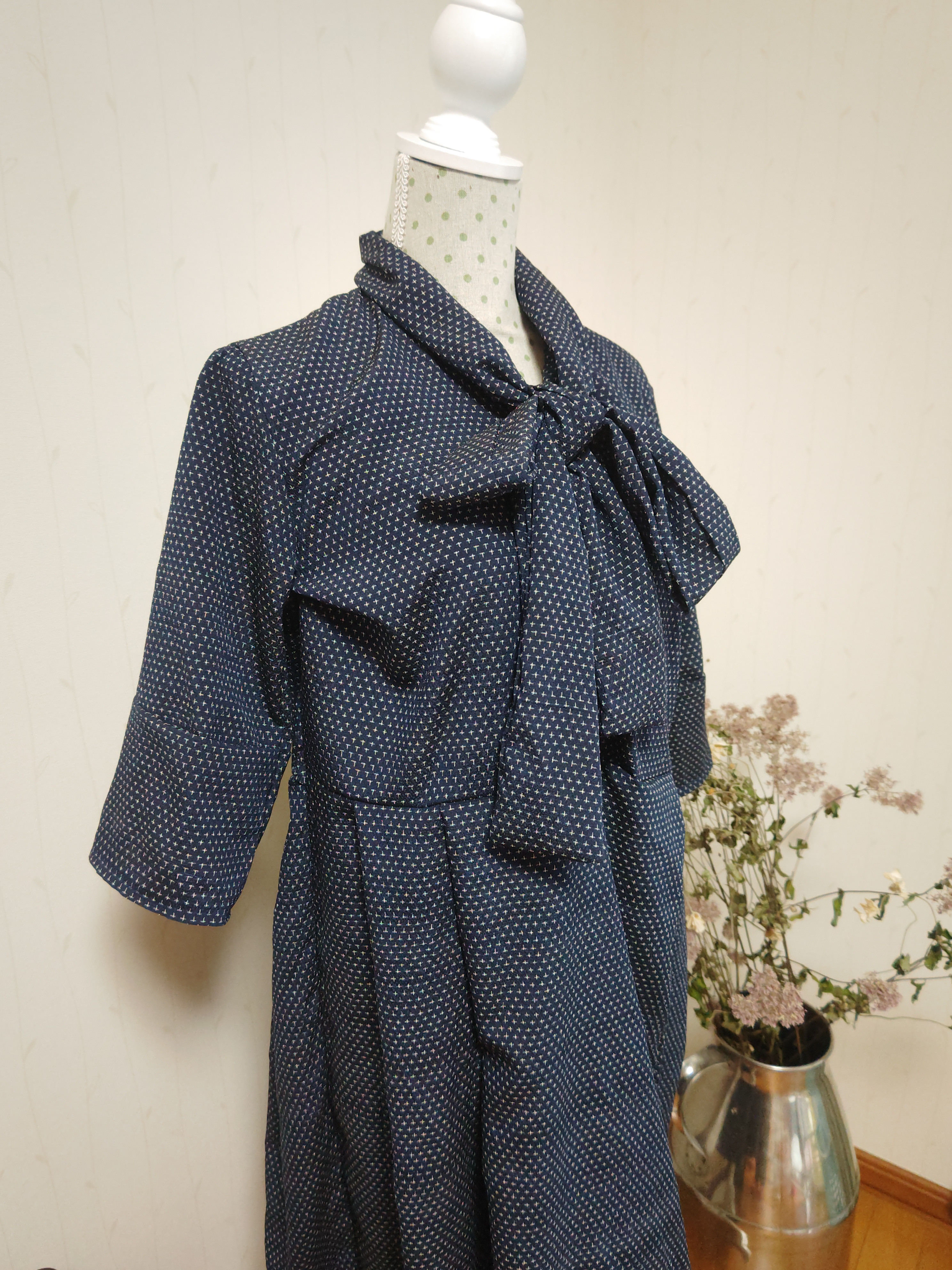 サマーワンピース　着物リメイク　半袖ネイビー　ボウタイ