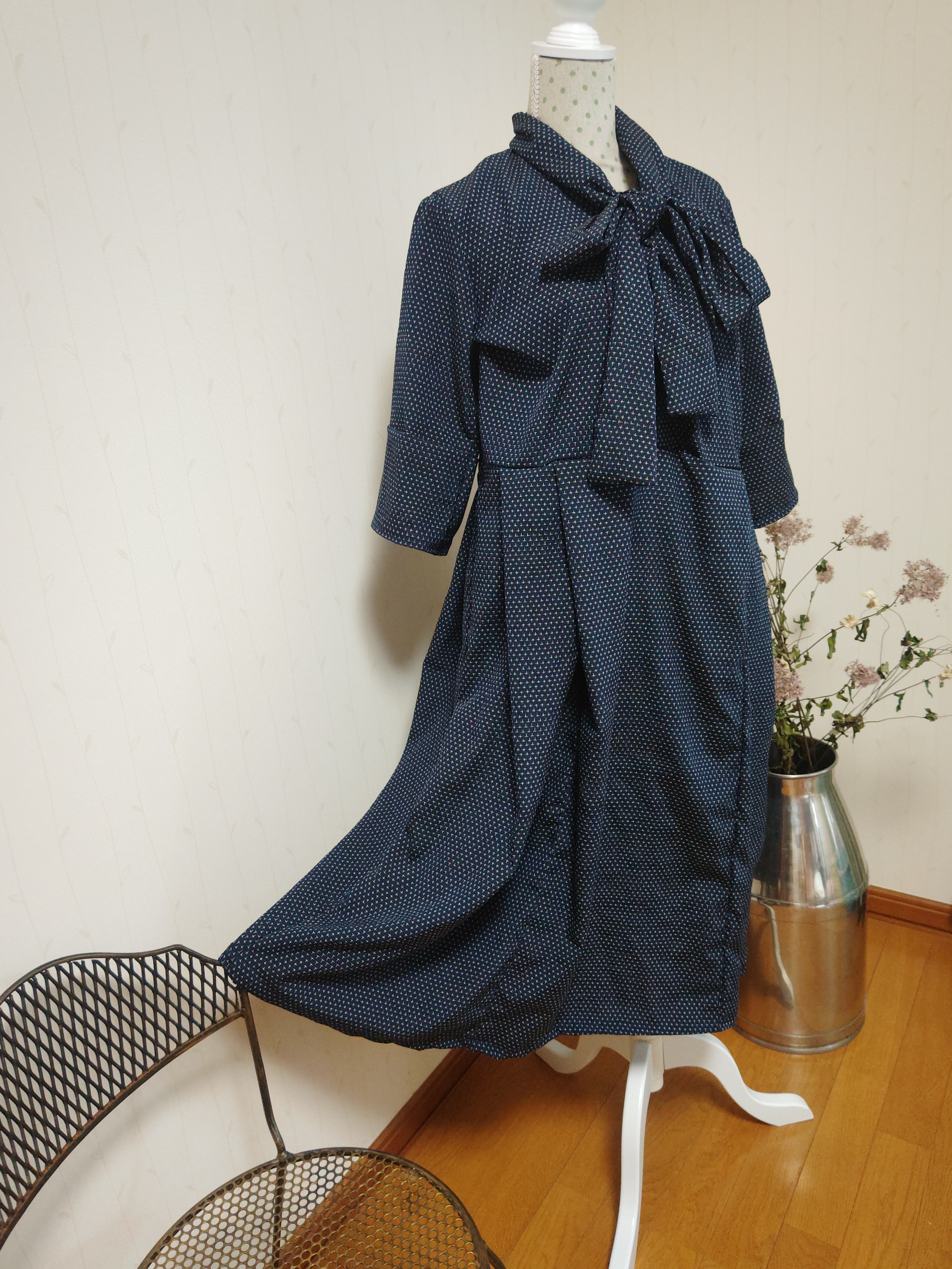 サマーワンピース　着物リメイク　半袖ネイビー　ボウタイ