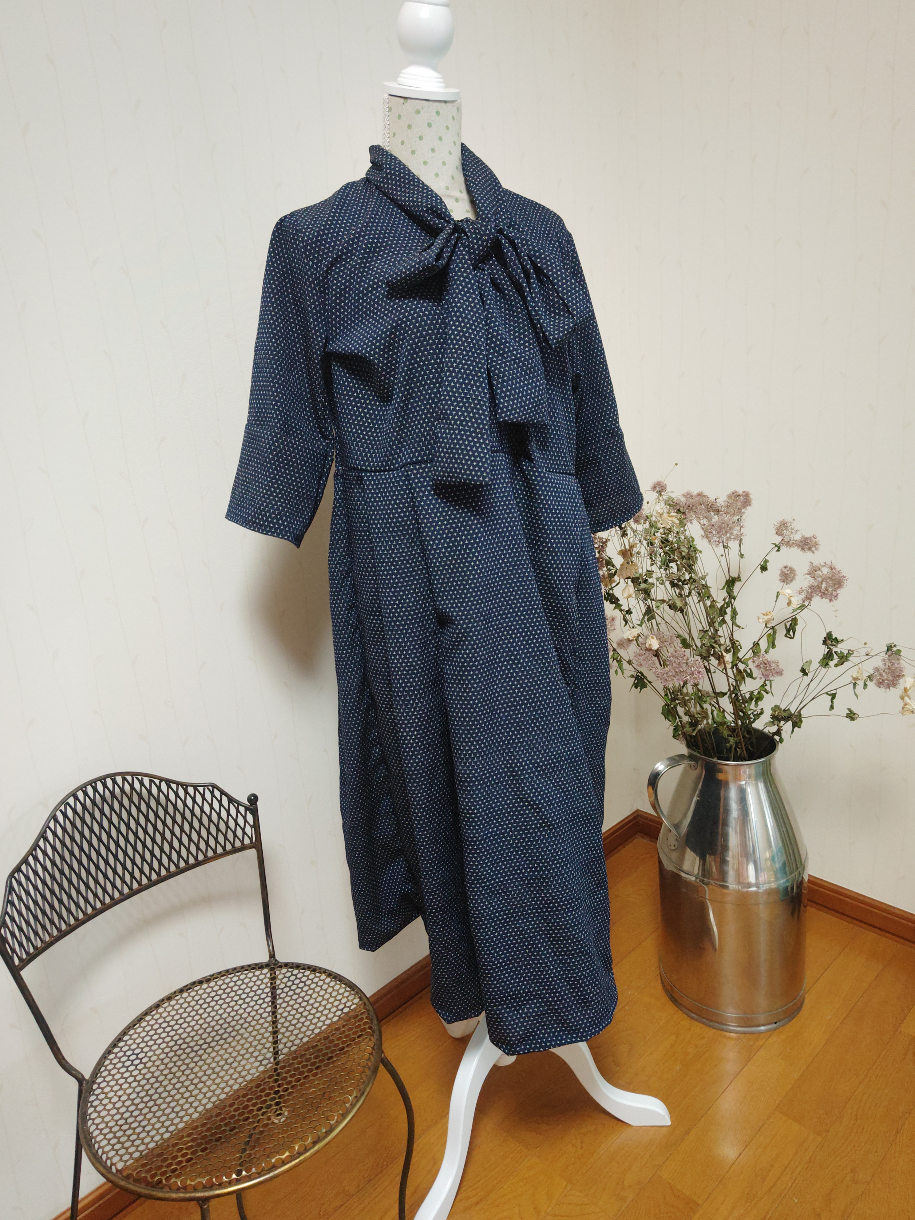 サマーワンピース　着物リメイク　半袖ネイビー　ボウタイ