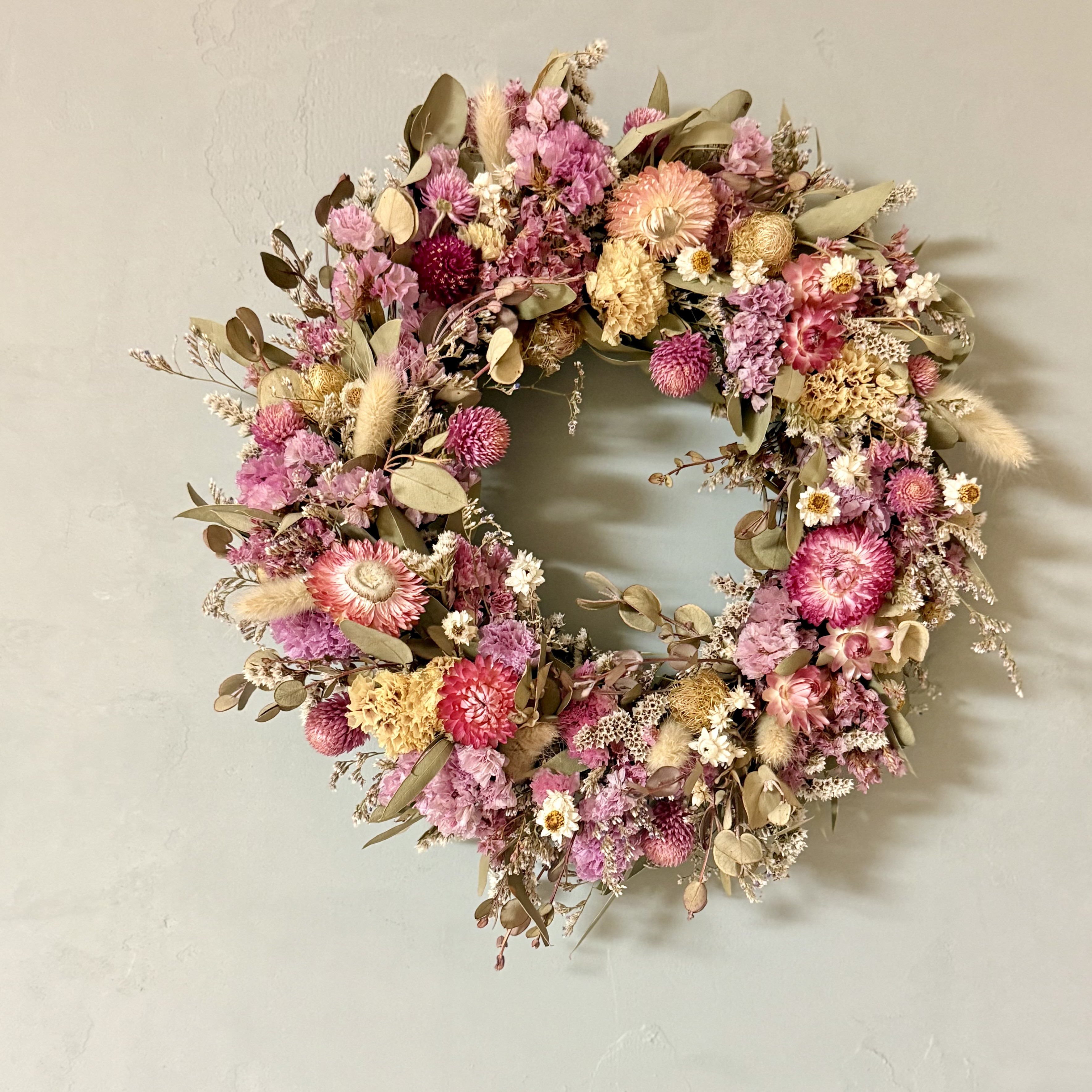 【10%OFF・1点限り】春をまとう、華やかかつ柔からなカラー✨ドライフラワーのナチュラルリース（φ30cm）