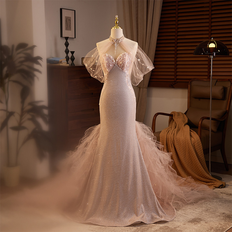 上品 薄ピンク オフショルダー パーティードレス 裾引き 綺麗 披露宴 花嫁 誕生日 成人式 二次会 前撮り 08650