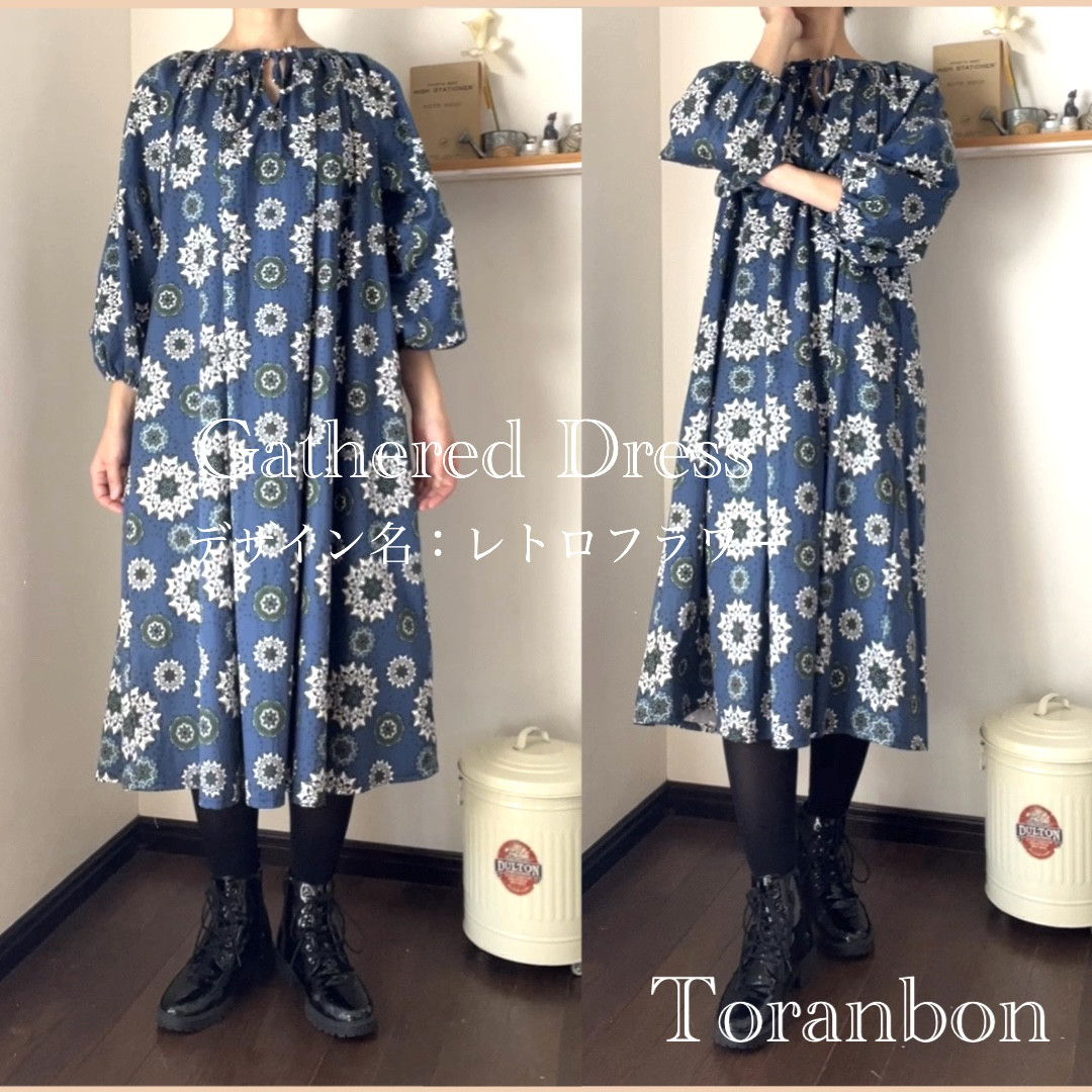 【新作】花柄みたいなねこ柄ワンピ　ふんわりお袖のゆったりギャザーワンピース　花柄？いいえ猫柄！