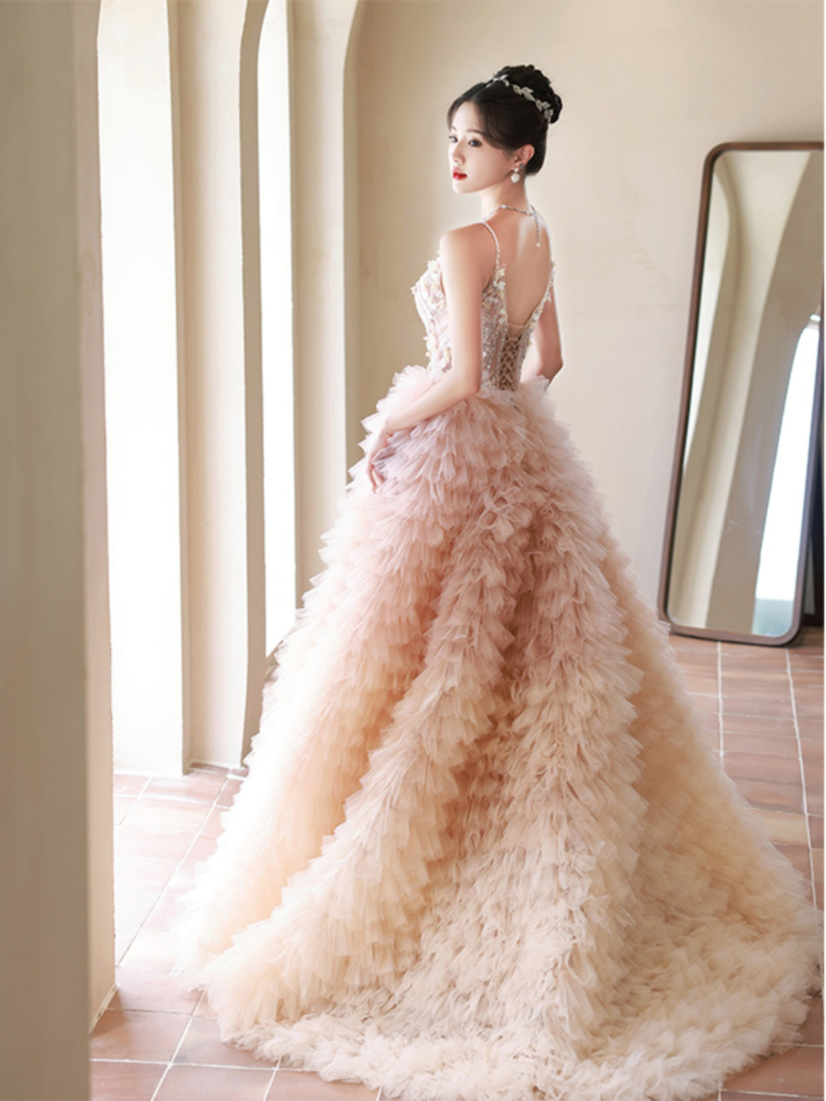 上品 ピンク ふわふわ パーティードレス 裾引き プリンセス 綺麗 花嫁 誕生日 成人式 二次会 前撮り 08648