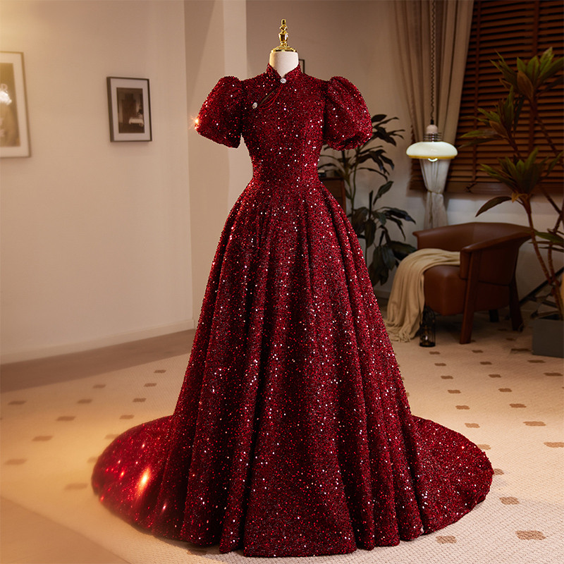 綺麗 赤 半袖 スパンコール キラキラ パーティードレス 花嫁 結婚式 誕生日 成人式 二次会 前撮り 08644