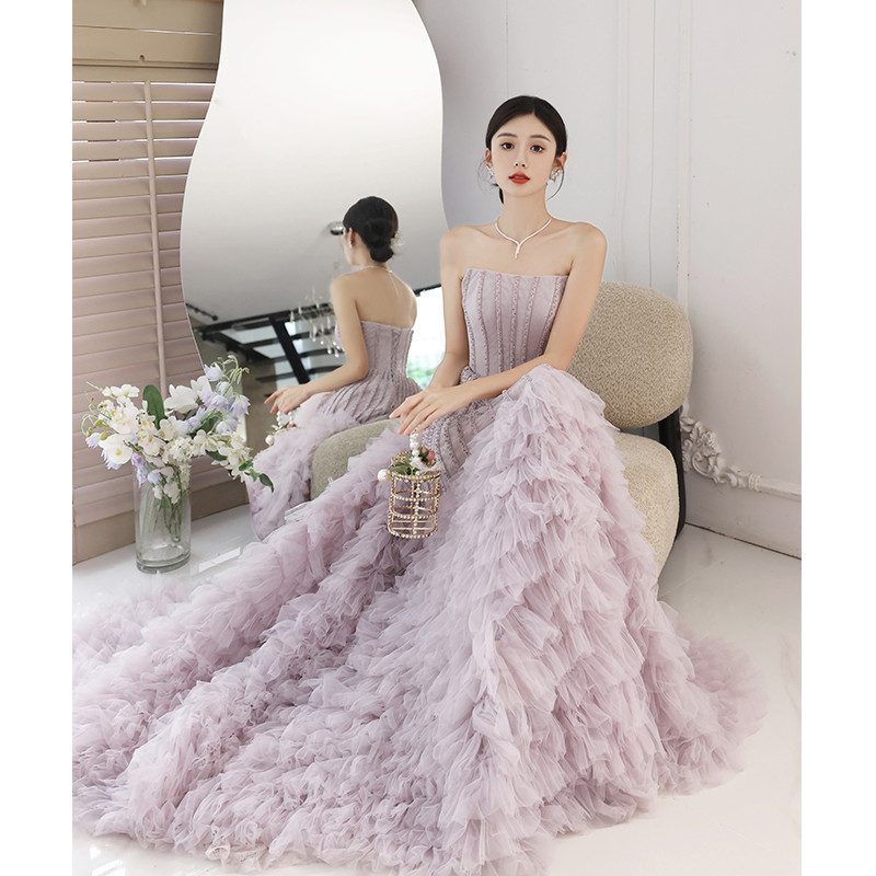 高級感 紫 オフショルダー パーティードレス 裾引き 綺麗 プリンセス 花嫁 成人式 二次会 前撮り 08639