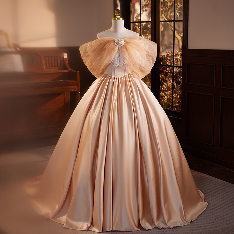 綺麗 シャンパン色 サテン 特大リボン ふわふわ パーティードレス プリンセス 誕生日 成人式 二次会 前撮り 8636