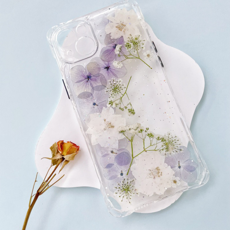 四隅にショルダーホール付き、紫陽花（あじさい）押し花スマホケース、iPhone全機種対応、手帳型、iPhone17