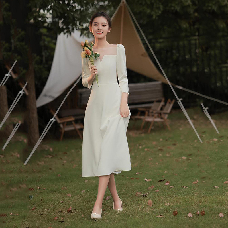 高級感 白 黒 サテン 長袖 パーティードレス シンプル 韓国風 結婚式 演奏会 誕生日 前撮り HL864