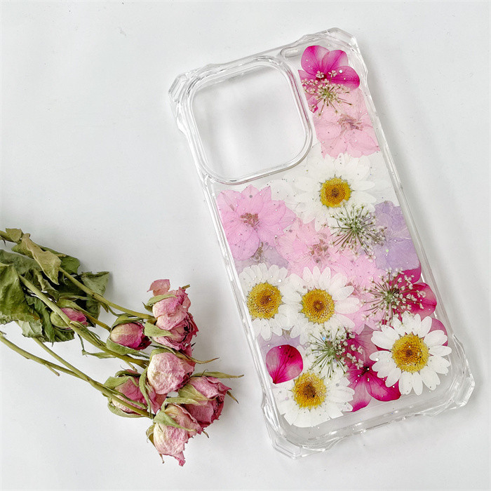 四隅にショルダーホール付き、紫陽花（あじさい）押し花スマホケース、iPhone全機種対応、手帳型、iPhone17