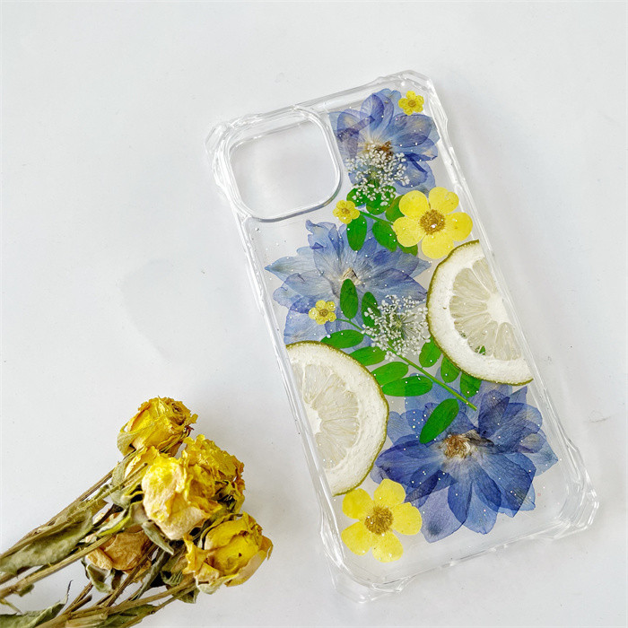 四隅にショルダーホール付き、レモン（檸檬）押し花スマホケース、iPhone全機種対応、手帳型、iPhone17