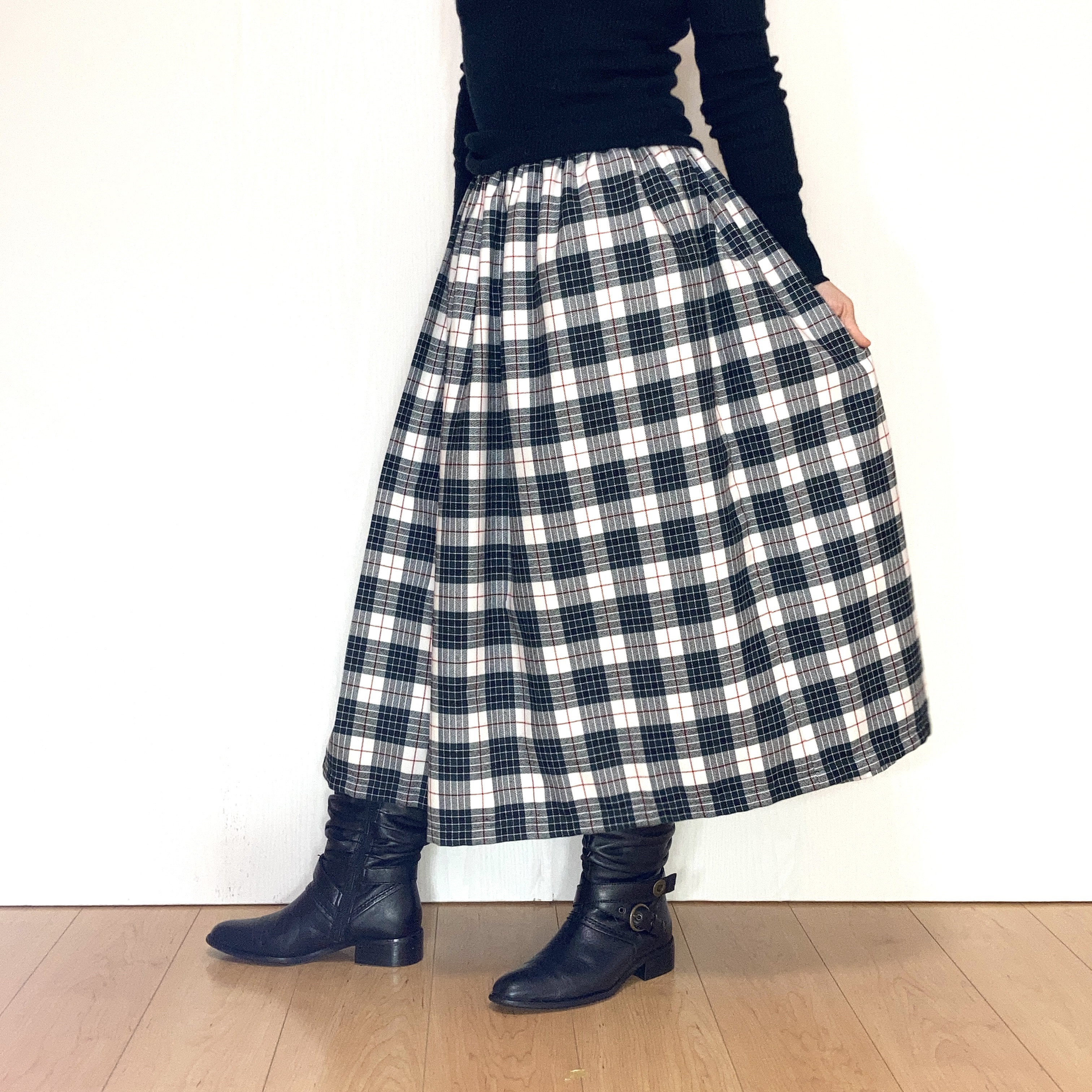 グリーンのタータンチェック＊ギャザースカート＊裏地付きby花織［Y2550］