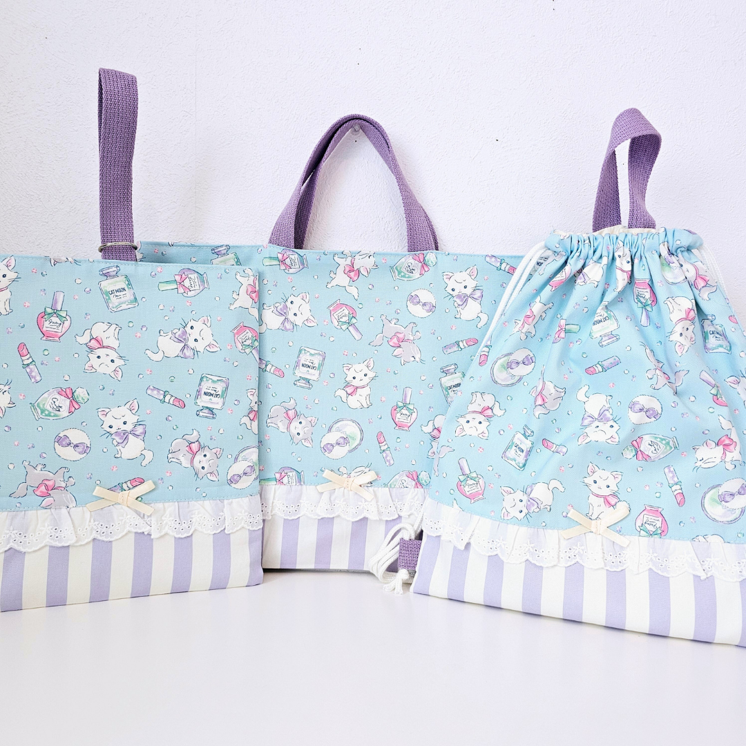送料無料★入学・入園3点セット★ゆめかわ　コスメ猫柄★レッスンバッグ・上履き入れ・ナップサック